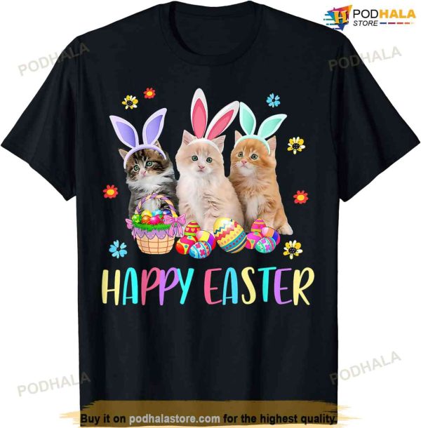 Happy Easter Three Cat Wearing Bunny Ear Kitty Kitten Lover Funny Easter Shirt