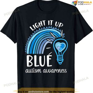 Light It Up Blue Autism Awareness Month Rainbow Puzzle Piece T-shirt