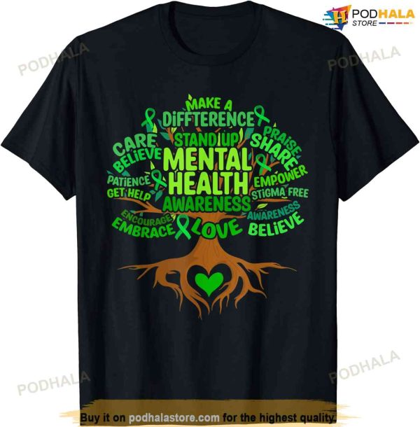 Mental Health Awareness Tree Drawing Word Art Womens Mens T-shirt
