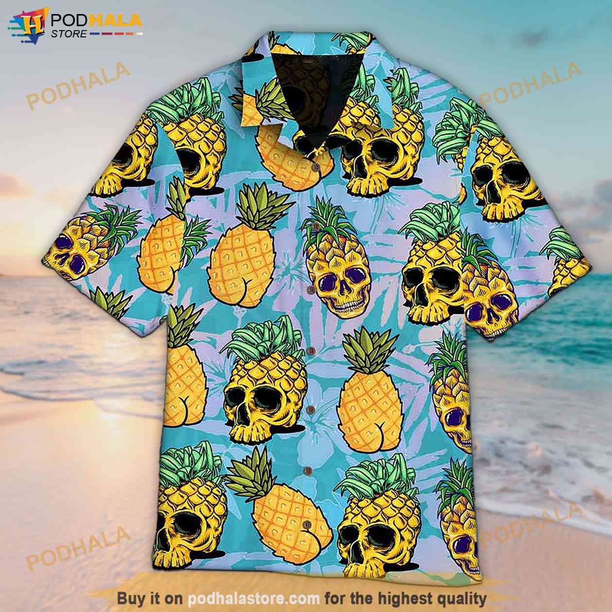 Bound Kitten Upside Down Pineapple All-Over Print Men's Hawaiian Shirt with Button Closure 5XL