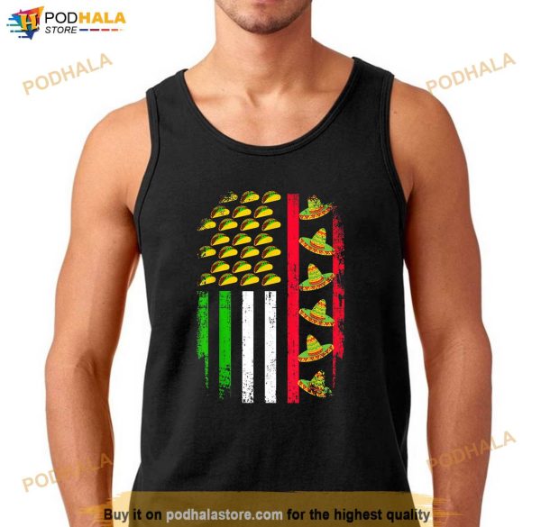 American Mexican Flag With Sombrero And Taco Cinco De Mayo Shirt