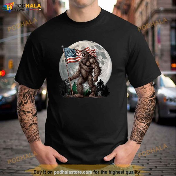 Bigfoot Sasquatch American Flag Full Moon Patriotic Shirt