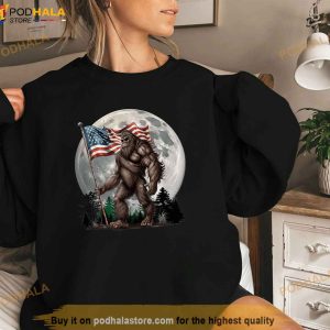 Bigfoot Sasquatch American Flag Full Moon Patriotic Shirt 3