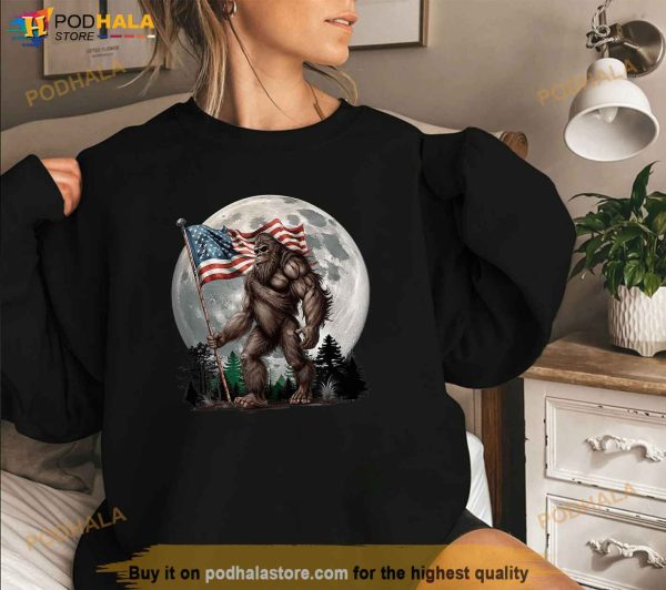 Bigfoot Sasquatch American Flag Full Moon Patriotic Shirt