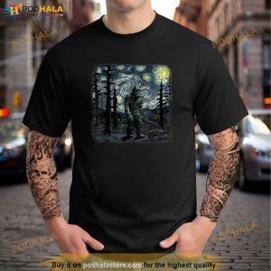 Bigfoot Starry Night Sasquatch Van Gogh Sky Painting Art Shirt