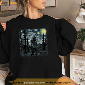 Bigfoot Starry Night Sasquatch Van Gogh Sky Painting Art Shirt 3