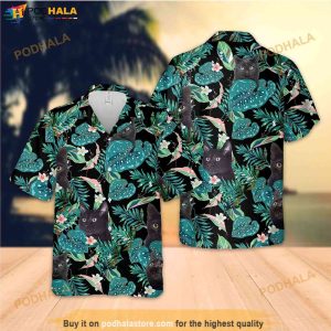 Black Cat Tropical Hawaiian Shirt Cat Lovers Hawaii Casual Button Down Shirt 3