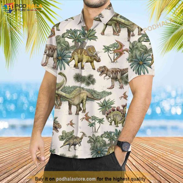 Dinosaur Hawaiian Shirt, Summer Dinosaur Lover Short Sleeve Button Up Shirt