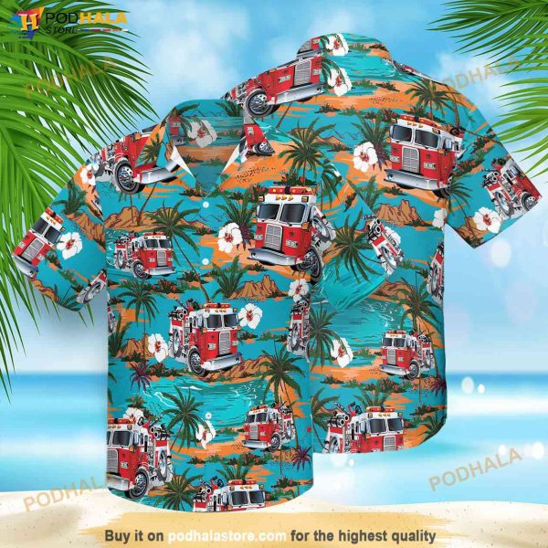 Fire Truck Summer Hawaiian Shirt, Firefighter Summer Button Shirt Beach