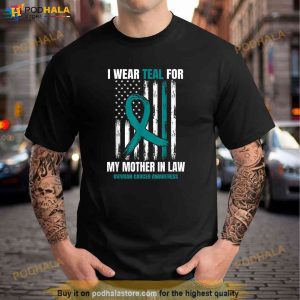 I Wear Teal For My Mother In Law Ovarian Cancer Flag Family Shirt 2