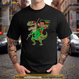 Juneteenth Black King Riding T Rex Dino Funny Boys Kids Flag Shirt 2