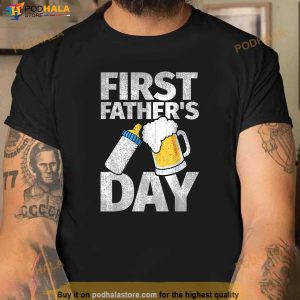 Mens First Fathers Day Gift Beer Baby Bottle Daddy 2023 Dad Joke Shirt
