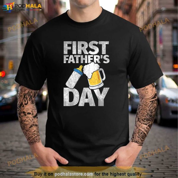 Mens First Fathers Day Gift Beer Baby Bottle Daddy 2023 Dad Joke Shirt