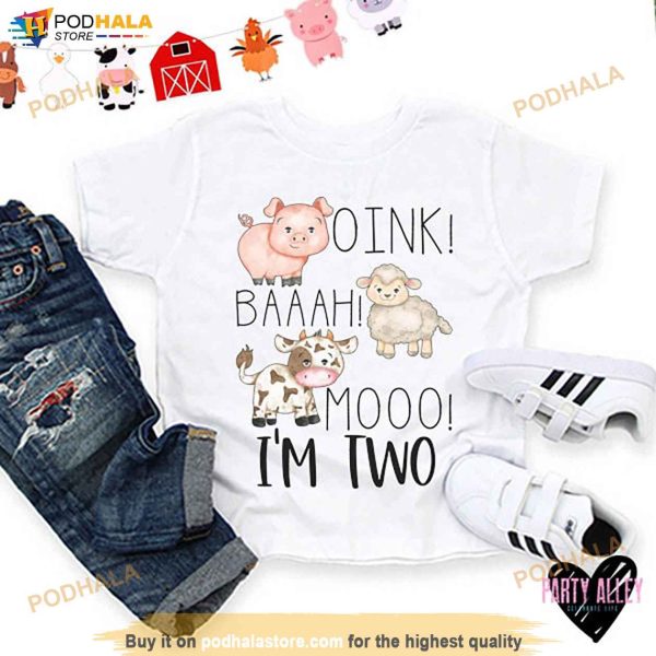 Oink Bah Moo I’m Two Shirt, Farm Birthday TShirt, Barn Animal Birthday Tee
