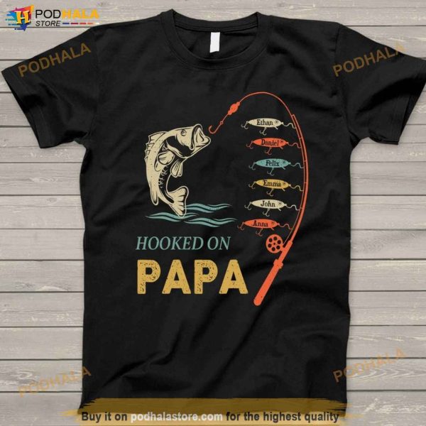 Personalized Reel Cool Papa Fathers Day Shirt, Fishing Rod Custom Kid Names Tee