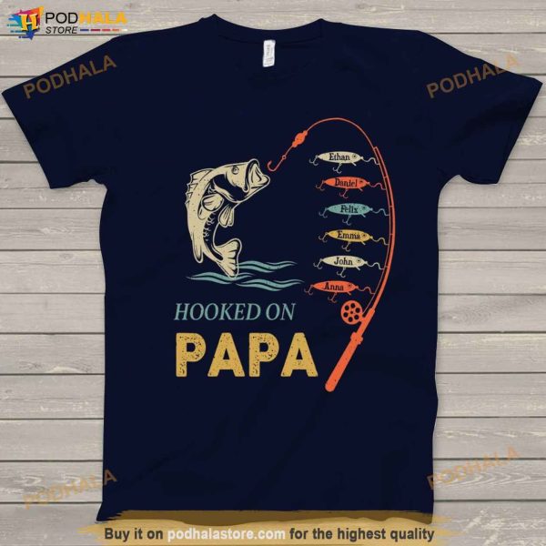 Personalized Reel Cool Papa Fathers Day Shirt, Fishing Rod Custom Kid Names Tee