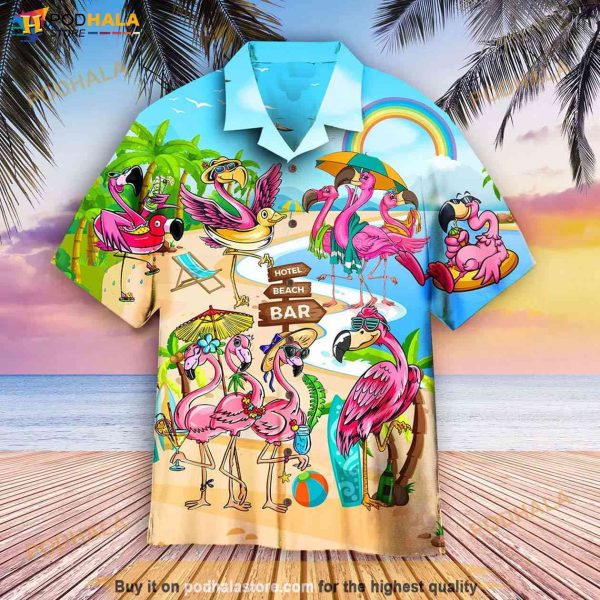 Pink Flamingo On Beach Summer Aloha Hawaiian Shirt, Vacation Family Gift