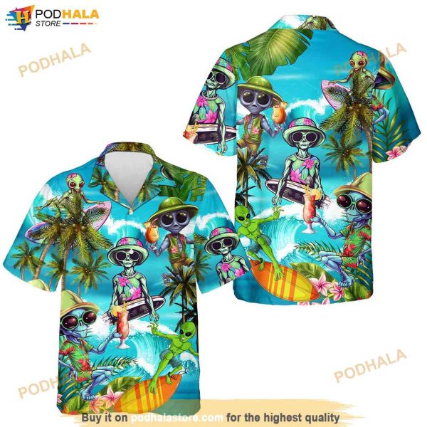 Tropical Alien Hawaiian Shirt, Summer Beach Aloha Button Down Short Sleeves