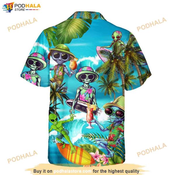 Tropical Alien Hawaiian Shirt, Summer Beach Aloha Button Down Short Sleeves