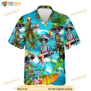 Tropical Alien Hawaiian Shirt Summer Beach Aloha Button Down Short Sleeves 3