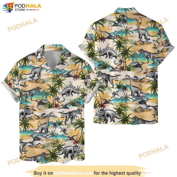 Tropical Dinosaur Hawaiian Shirt, Dinosaur Summer Aloha Button Down Short Shirt