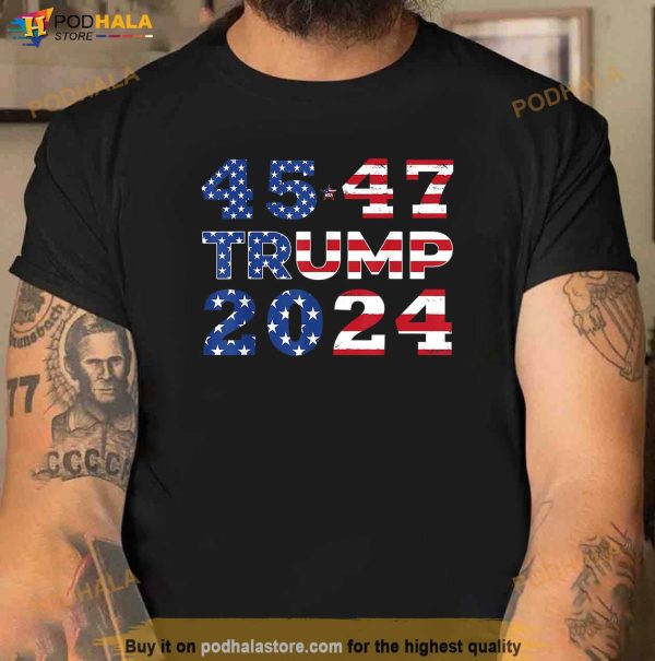 Trump 2024 45 47 Election Retro Vintage American Flag T-Shirt, Free Trump Tee
