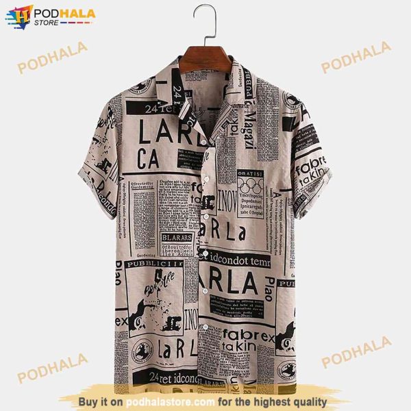 Vintage Newspaper Print Hawaiian Shirt, Aloha Hawaii Printed Beach Shirt