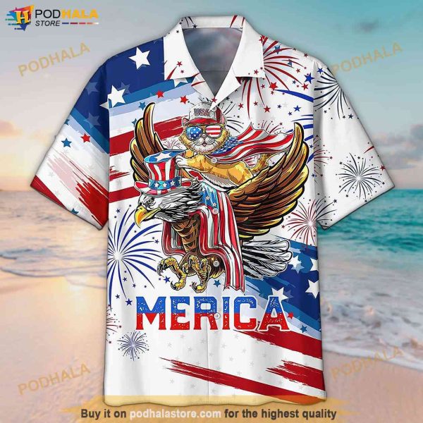 3D America Eagle & Cats Merica 4th Of July Hawaiian Shirt, Independence Day Gift