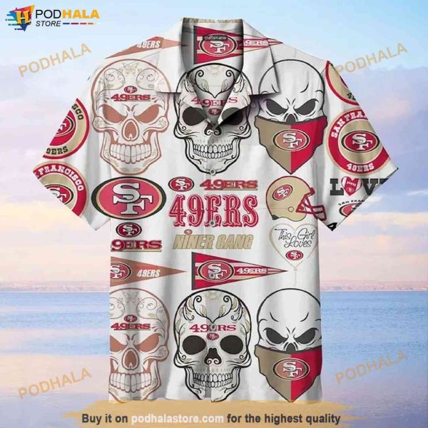 49ers Skull Print Unisex Hawaiian Shirt, NFL Football Fans Button Down Shirt