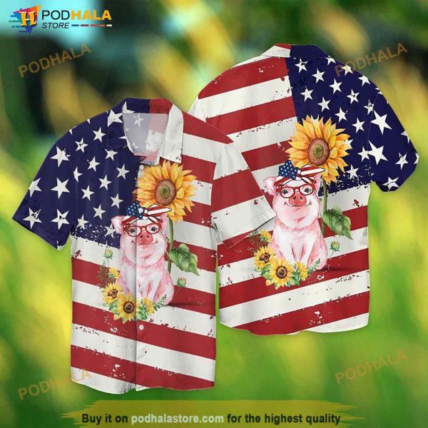 4th Of July American Love Pig With Sunflower Hawaiian Shirt
