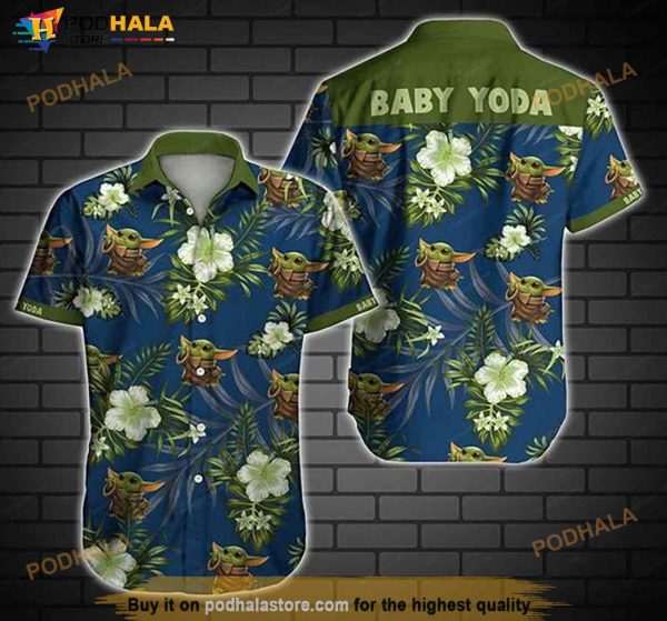 Baby Yoda Green Mandalorian Tropical Flowers Hawaiian Shirt