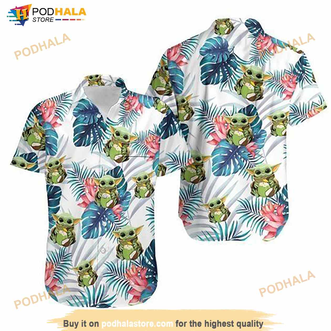 Baby Yoda Hugging Coconuts Seamless Tropical Blue Leaves Colorful Flowers On White Hawaiian Shirt Baby Yoda Hugging Coconuts Seamless Tropical Blue Leaves Colorful Flowers On White Hawaiian Shirt