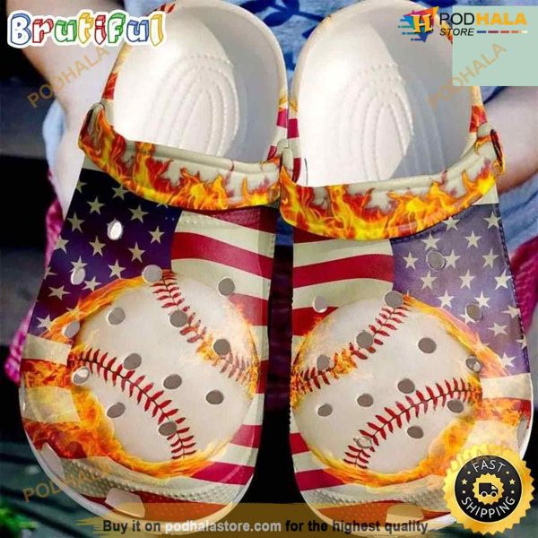 Baseball On Fire Usa Flag 4th Of July Crocs Crocband Clogs