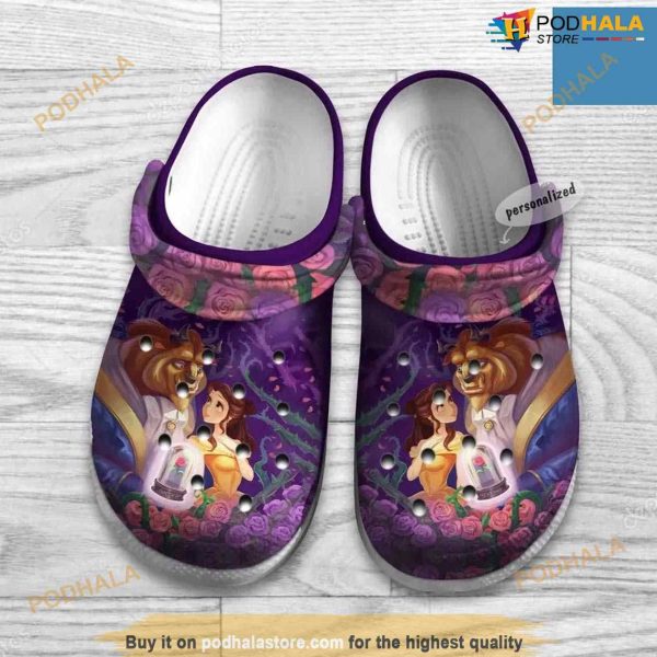 Beauty And The Beast Pink Flowers Purple Crocs Clog Shoes