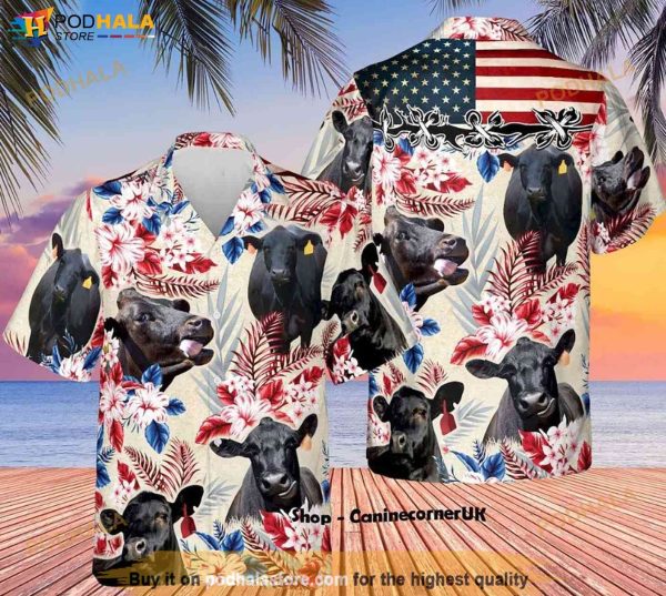 Black Angus Cow Tropical Hawaiian Shirt, American Flag Cattle 4th Of July Gift