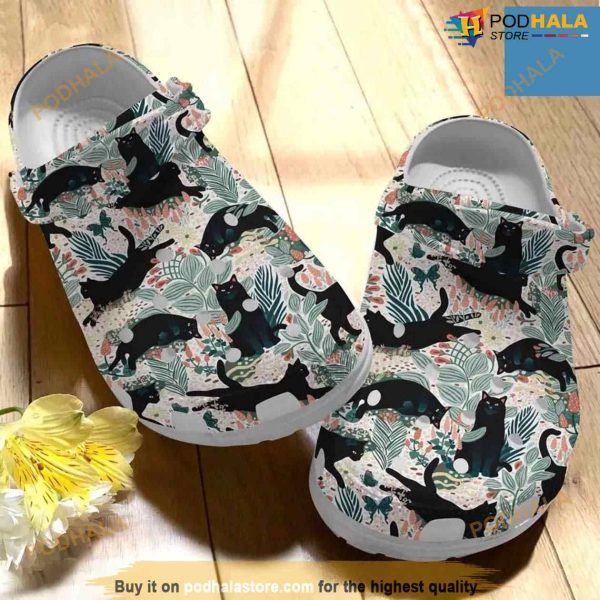 Black Cat In The Garden Floral Cute Vintage Shoes Crocs Clog Shoes