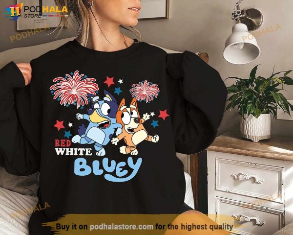 Bluey and Bingo 4th July Shirt, Red White Bluey Fireworks Shirt
