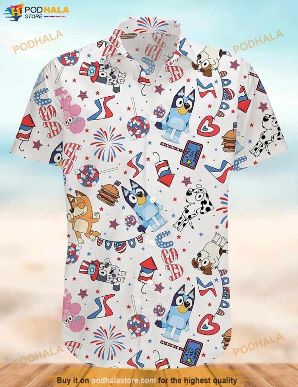 Bluey Hawaiian Shirt, Bluey 4th Of July Hawaii Button Shirt, Bluey And Bingo