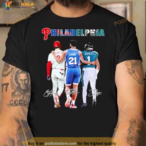 Bryce Harper Joel Embiid And Jalen Hurts Philadelphia Sports Signatures Shirt 2