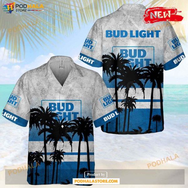 Bud Light Palm Shadow Tropical Coconut Tree Blue Design Hawaiian Shirt