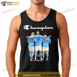 Champion Kevin Bruyne Erling Haaland And Julian Alvarez Manchester City Fc 2023 Signatures Shirt 2