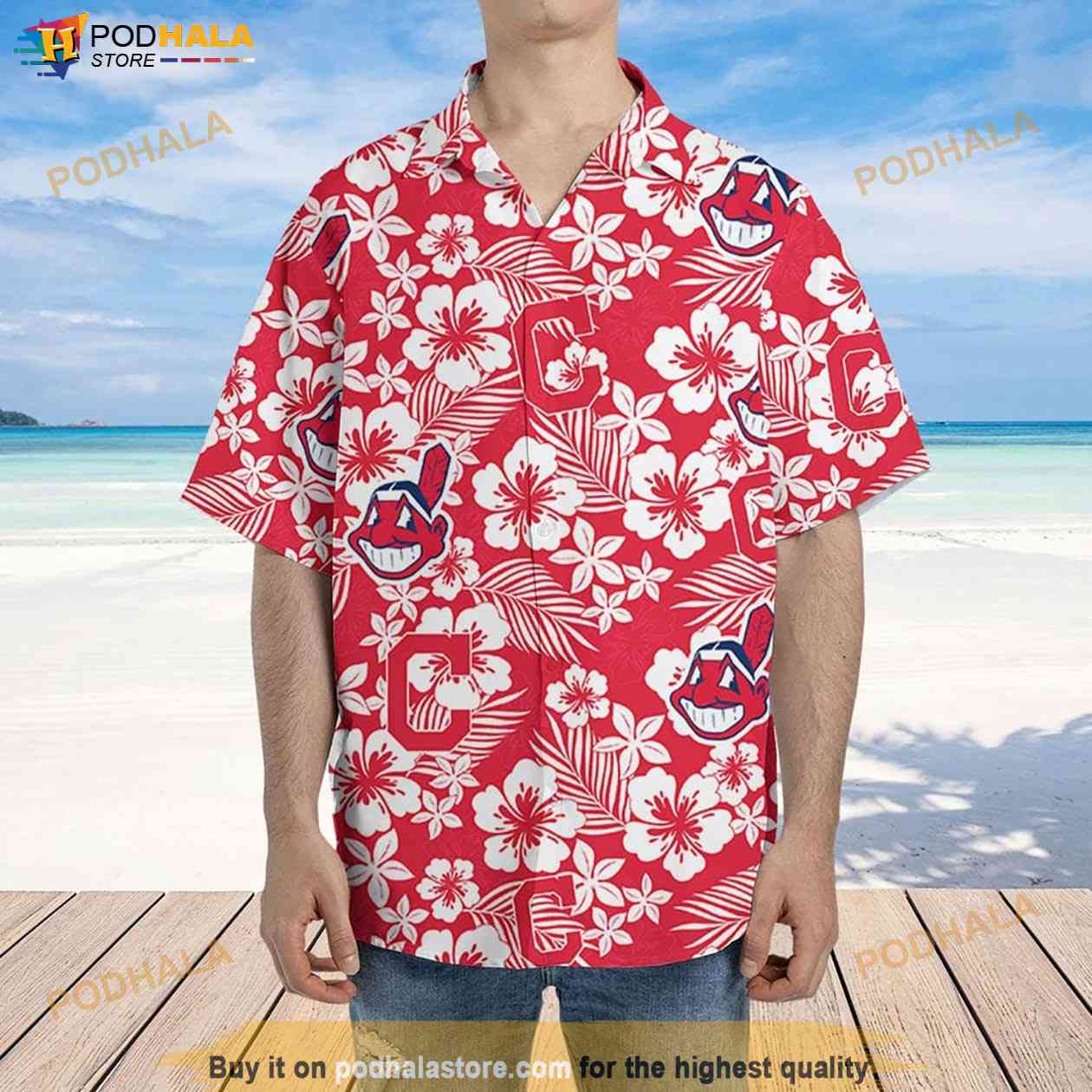 Cleveland Indians Hawaiian Shirt Hibiscus Seamless Pattern