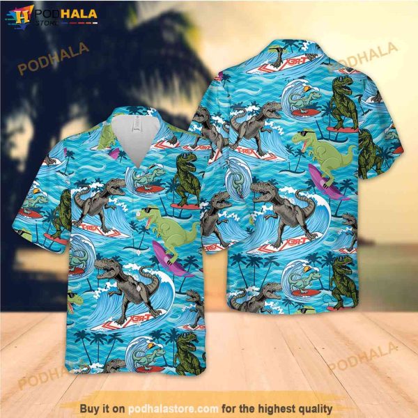 Dinosaur Aloha Hawaiian Shirt, Beach Tropical Dino Saurus Button Down Shirt