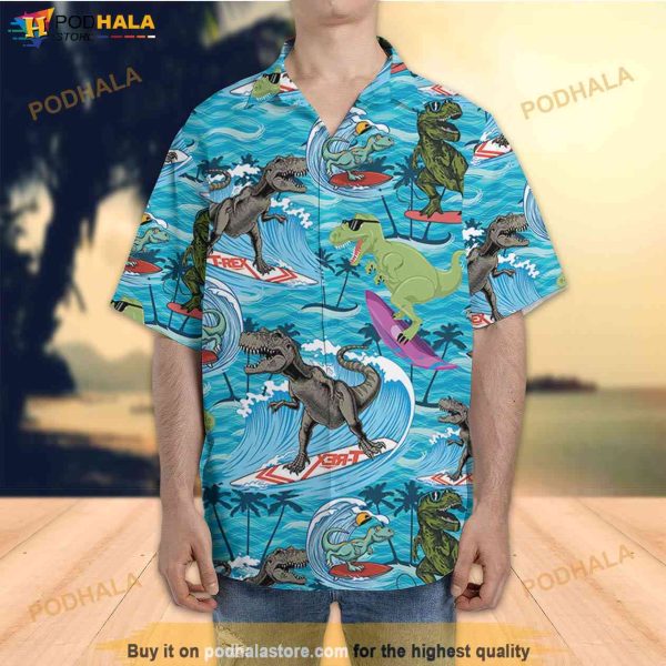 Dinosaur Aloha Hawaiian Shirt, Beach Tropical Dino Saurus Button Down Shirt