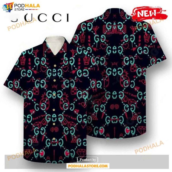 GC Black Clothing Clothes Outfit Gucci For Men Women Hawaiian Shirt, Tropical Shirt
