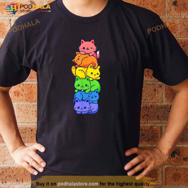 Gay Pride Cat LGBT Cute Kawaii Cats Pile Anime Rainbow Flag Shirt