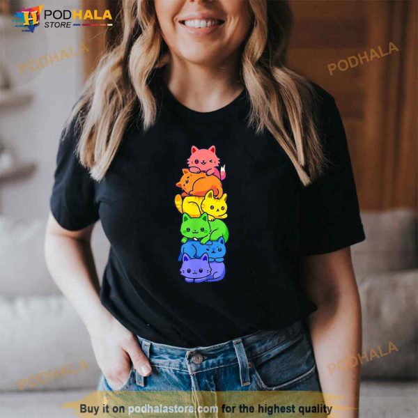 Gay Pride Cat LGBT Cute Kawaii Cats Pile Anime Rainbow Flag Shirt