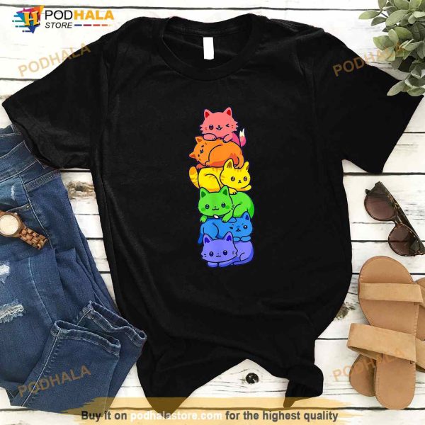 Gay Pride Cat LGBT Cute Kawaii Cats Pile Anime Rainbow Flag Shirt
