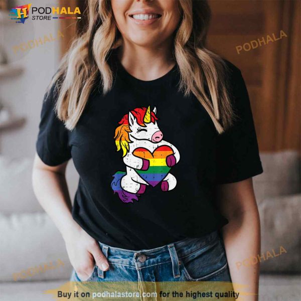 Gay Pride Unicorn Heart Rainbow Flag Lgbt Women Girls Kids Shirt