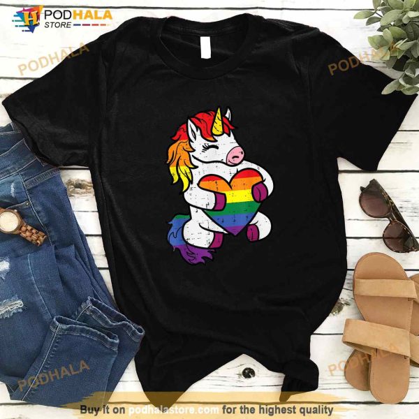 Gay Pride Unicorn Heart Rainbow Flag Lgbt Women Girls Kids Shirt